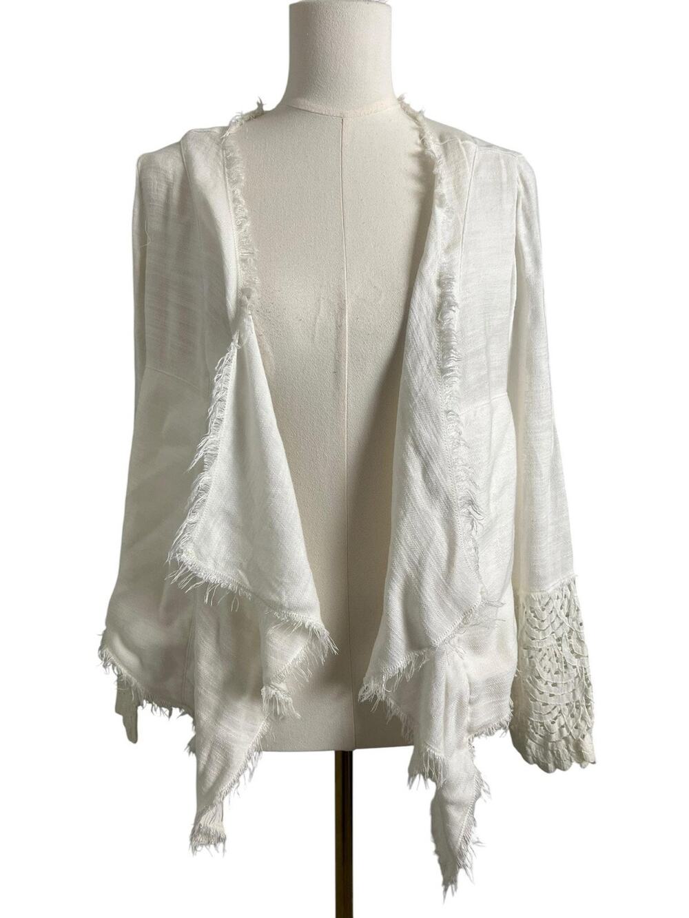 Knox Rose White Open Front Raw Edge Jacket Crochet Sleeve Boho Cardigan Small